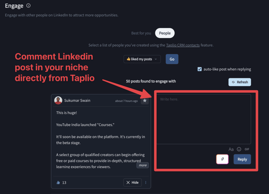 commentez des posts depuis taplio